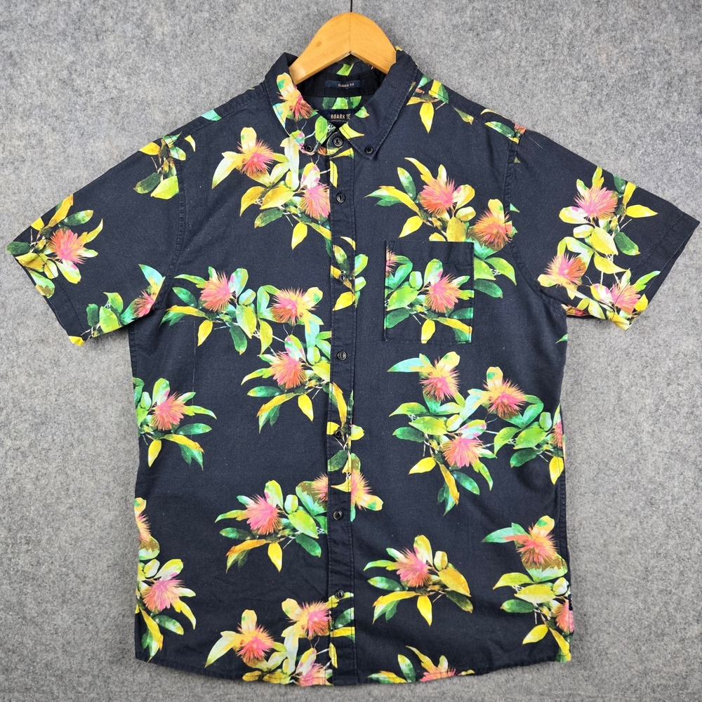 Roark Shirt Mens Medium Black Floral Short Sleeve Button Up Tropical Linen Blend